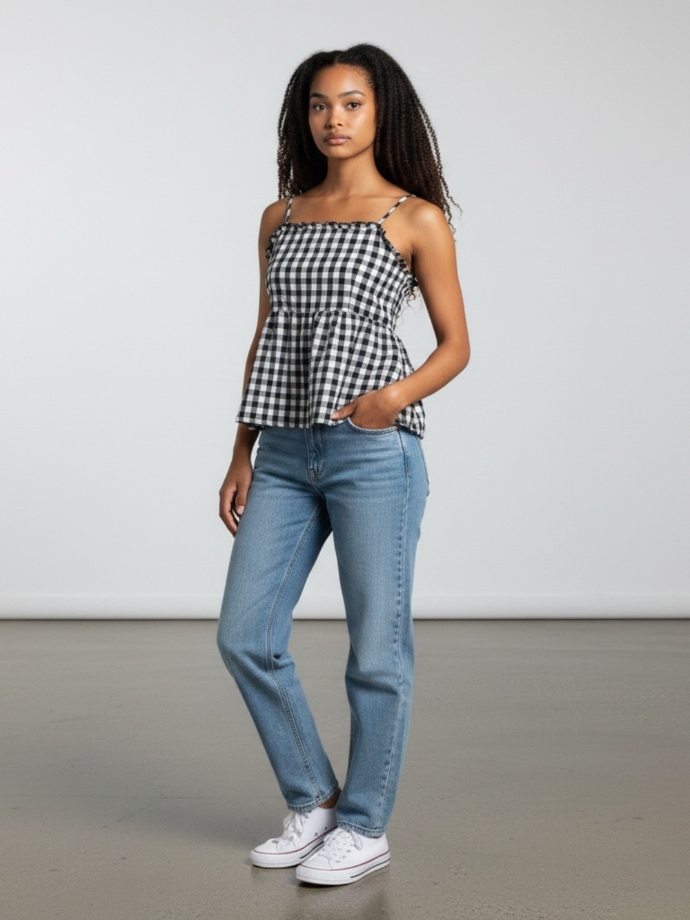 Love on a Hanger Gingham Babydoll Tank Top M Black White Smocked Peplum